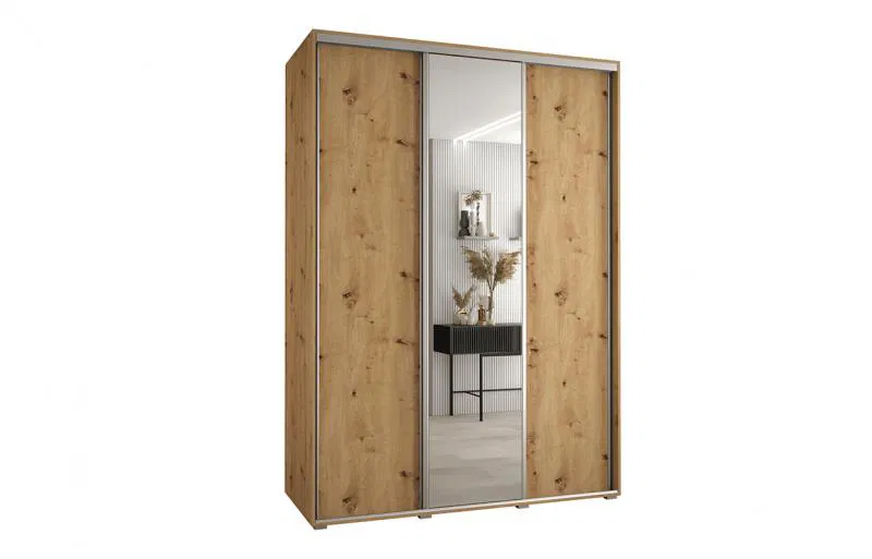 Šatní skříň s posuvnými dveřmi a zrcadlem DAVOS 180cm | DUB Artisan / stříbrné pojezdy