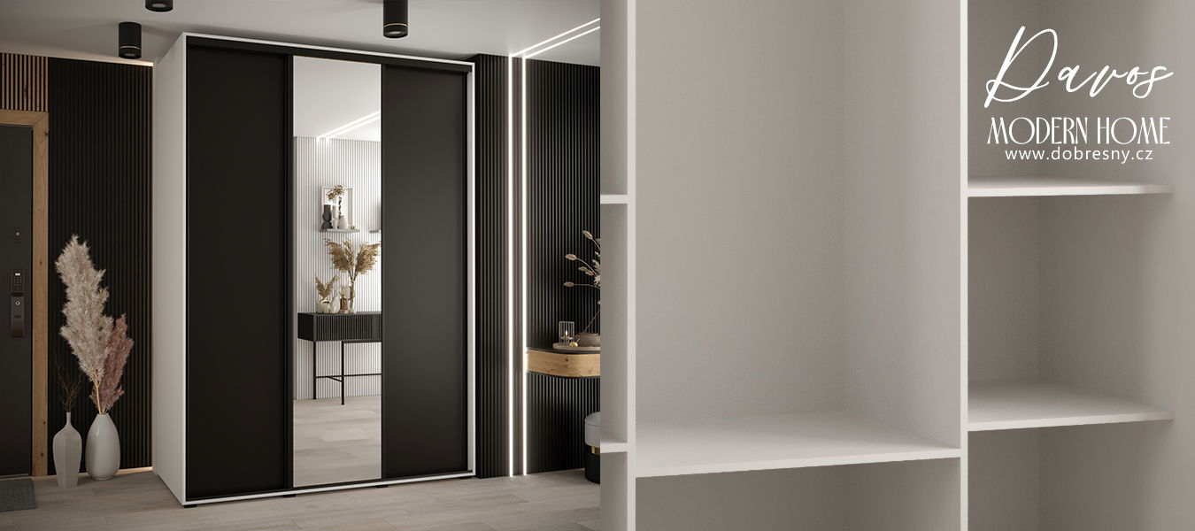 Šatníková skriňa s posuvnými dverami a zrkadlom DAVOS 180cm | Biela / čierna / čierne pojazdy