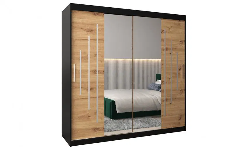 Šatní skříň s posuvnými dveřmi a dvoudílným zrcadlem YORK1 - 200x200cm -Černá-Dub Artisan-