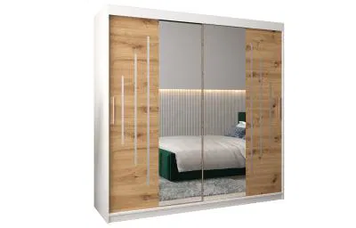 Šatní skříň s posuvnými dveřmi a dvoudílným zrcadlem YORK1 - 200x200cm -Bílá-Dub Artisan-