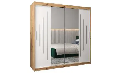Šatní skříň s posuvnými dveřmi a dvoudílným zrcadlem YORK1 - 200x200cm -Dub Artisan-Bílá-