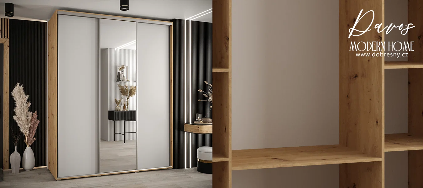 Šatní skříň s posuvnými dveřmi a zrcadlem DAVOS 190cm | DUB Artisan / bílá / stříbrné