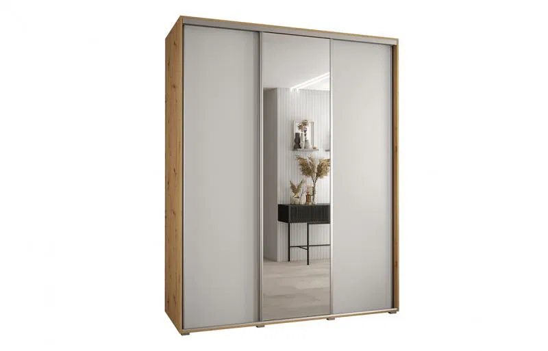 Šatní skříň s posuvnými dveřmi a zrcadlem DAVOS 190cm | DUB Artisan / bílá / stříbrné