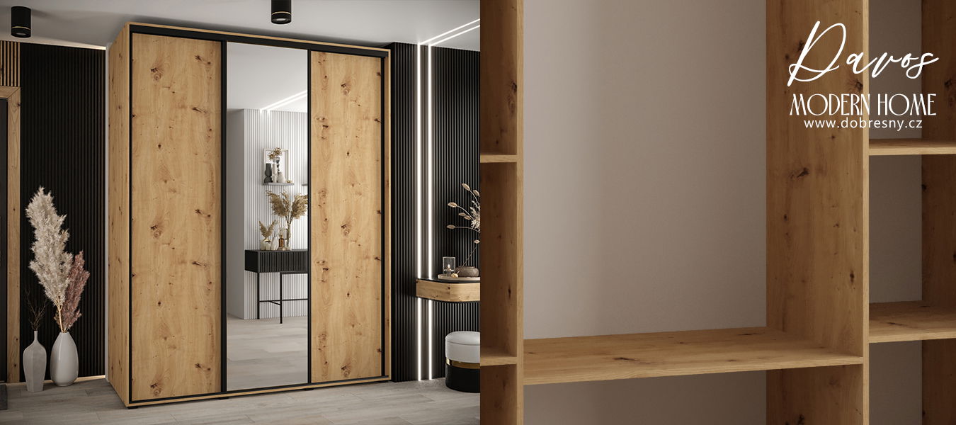 Šatníková skriňa s posuvnými dverami a zrkadlom DAVOS 190cm | DUB Artisan / čierne pojazdy
