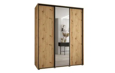 Šatní skříň s posuvnými dveřmi a zrcadlem DAVOS 190cm | DUB Artisan / černé pojezdy