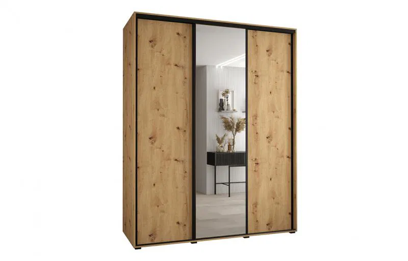 Šatní skříň s posuvnými dveřmi a zrcadlem DAVOS 190cm | DUB Artisan / černé pojezdy
