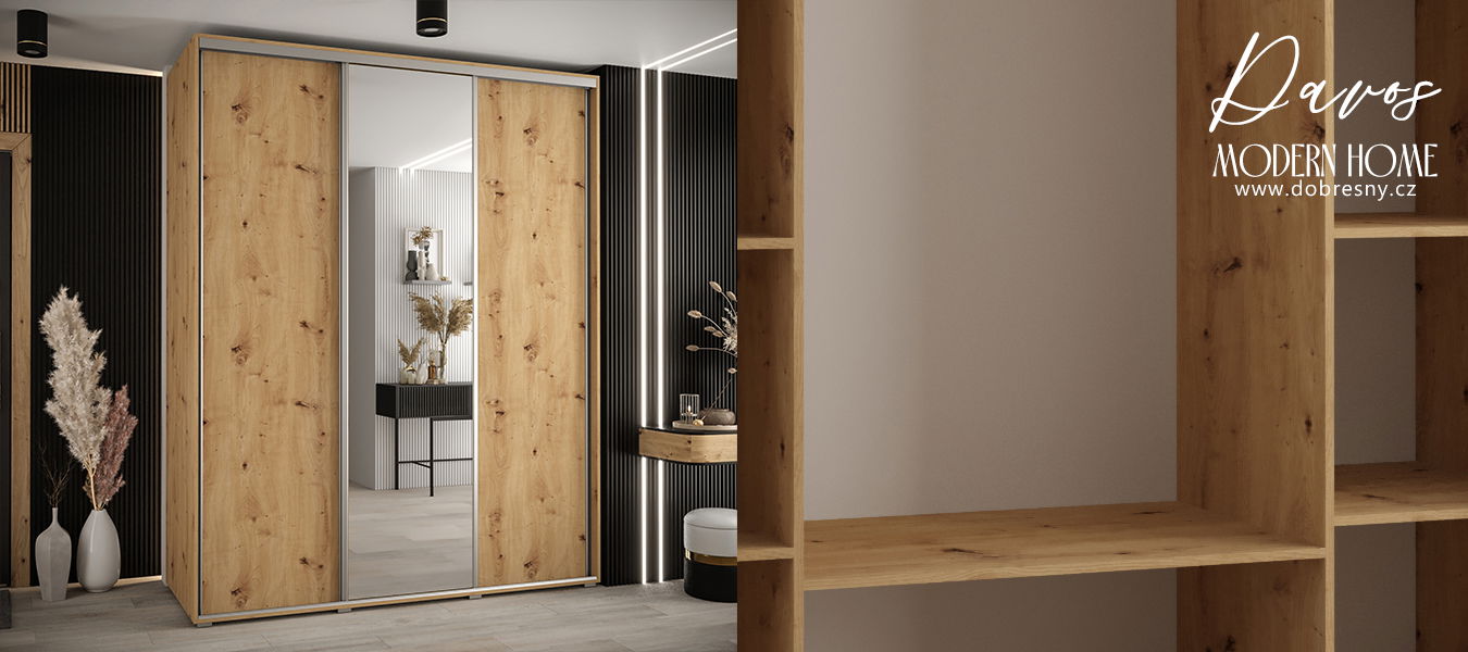 Šatníková skriňa s posuvnými dverami a zrkadlom DAVOS 190cm | DUB Artisan / strieborné pojazdy