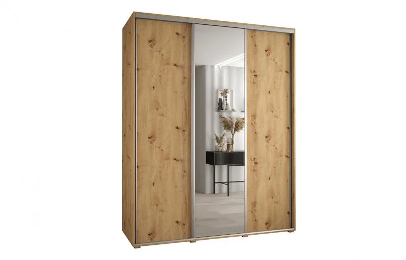 Šatní skříň s posuvnými dveřmi a zrcadlem DAVOS 190cm | DUB Artisan / stříbrné pojezdy