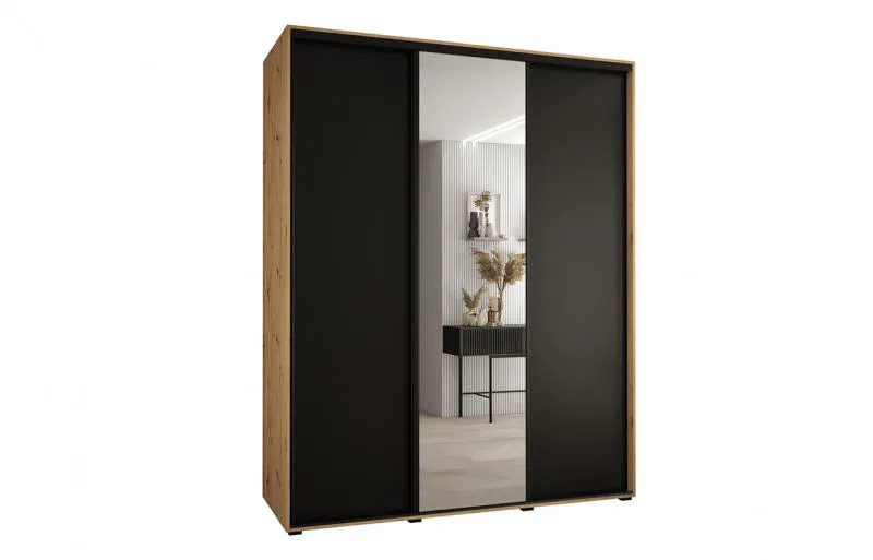Šatní skříň s posuvnými dveřmi a zrcadlem DAVOS 190cm | DUB Artisan / černá / černé pojezd