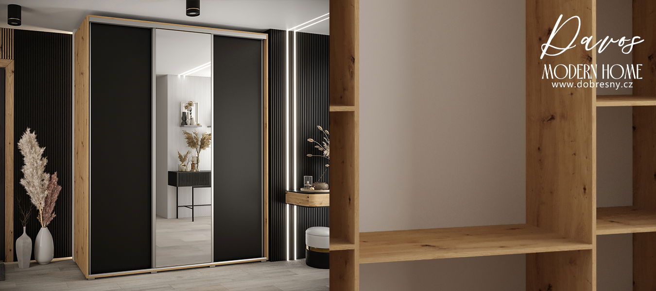 Šatníková skriňa s posuvnými dverami a zrkadlom DAVOS 190cm | DUB Artisan / čierna / strieborné