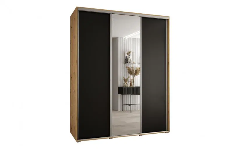 Šatní skříň s posuvnými dveřmi a zrcadlem DAVOS 190cm | DUB Artisan / černá / stříbrné