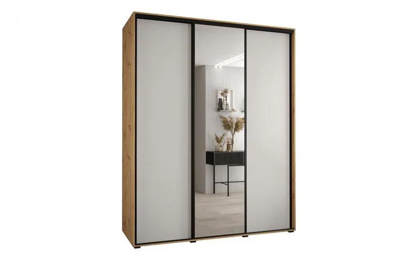 Šatní skříň s posuvnými dveřmi a zrcadlem DAVOS 190cm | DUB Artisan / bílá / černé pojezdy