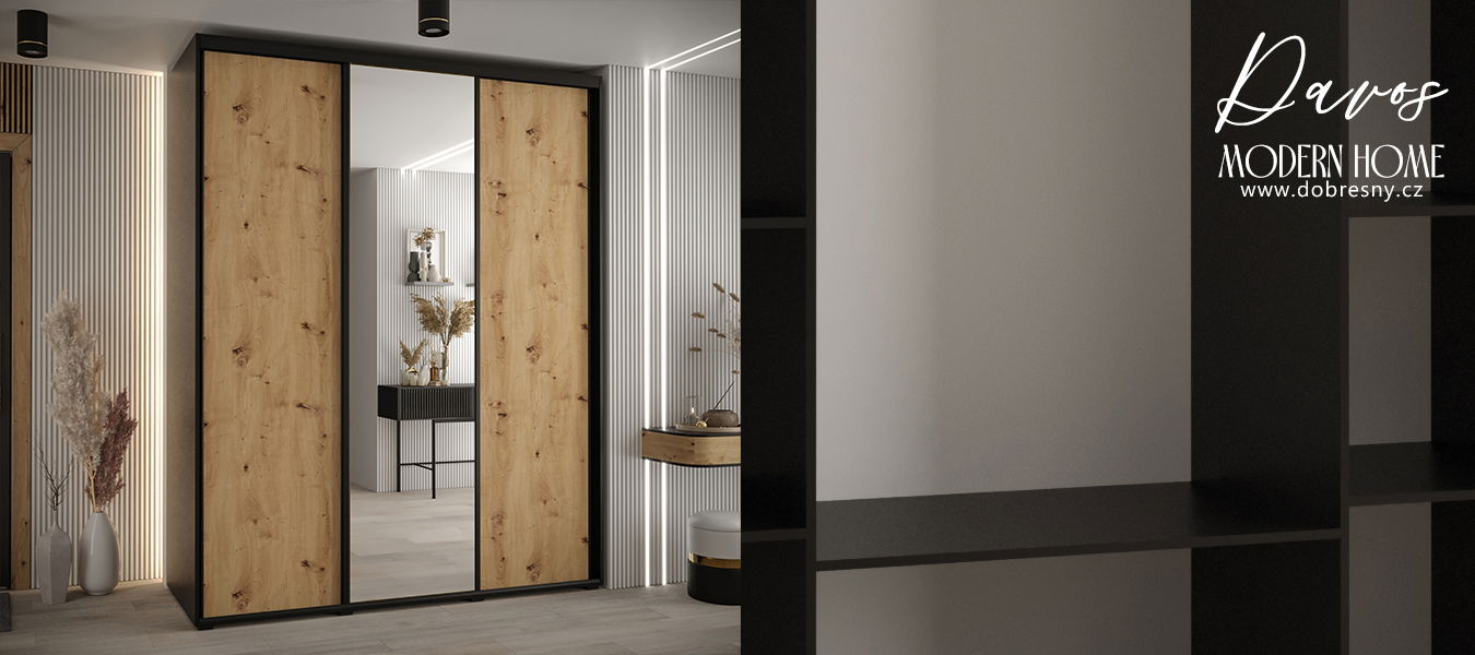 Šatníková skriňa s posuvnými dverami a zrkadlom DAVOS 190cm | Čierna / DUB Artisan / čierne pojazd