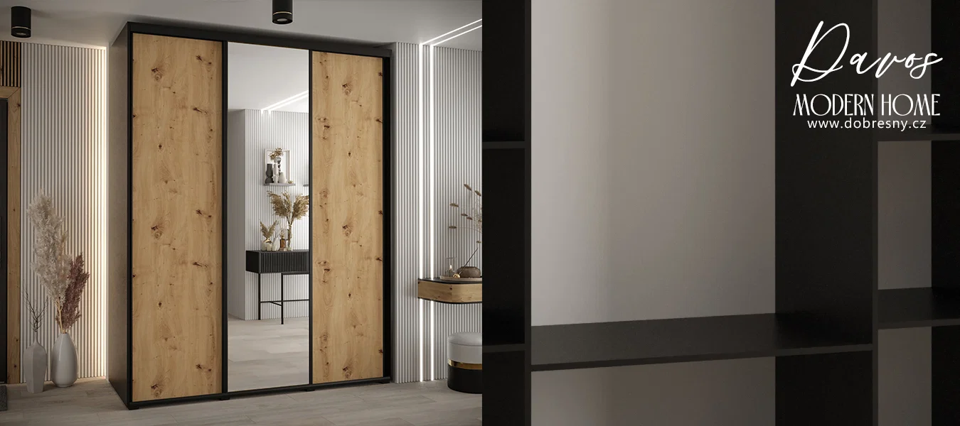 Šatní skříň s posuvnými dveřmi a zrcadlem DAVOS 190cm | Černá / DUB Artisan / černé pojezd