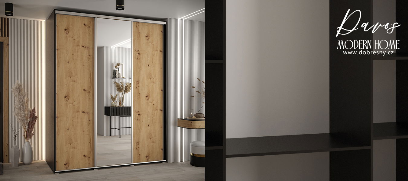 Šatníková skriňa s posuvnými dverami a zrkadlom DAVOS 190cm | Čierna / DUB Artisan / strieborné