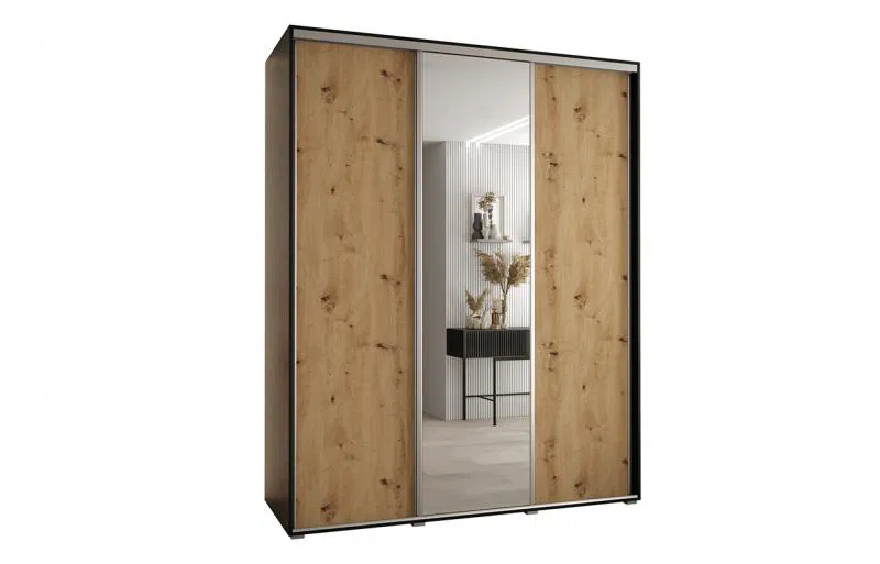 Šatní skříň s posuvnými dveřmi a zrcadlem DAVOS 190cm | Černá / DUB Artisan / stříbrné