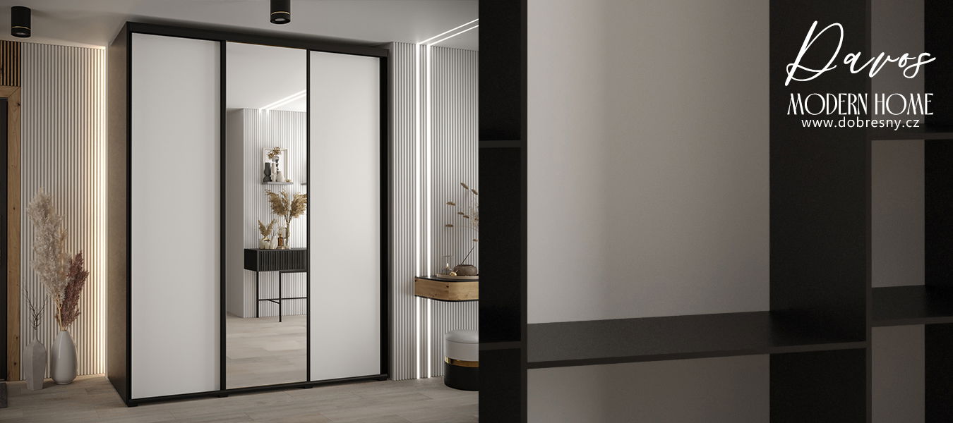 Šatníková skriňa s posuvnými dverami a zrkadlom DAVOS 190cm | Čierna / biela / čierne pojazdy