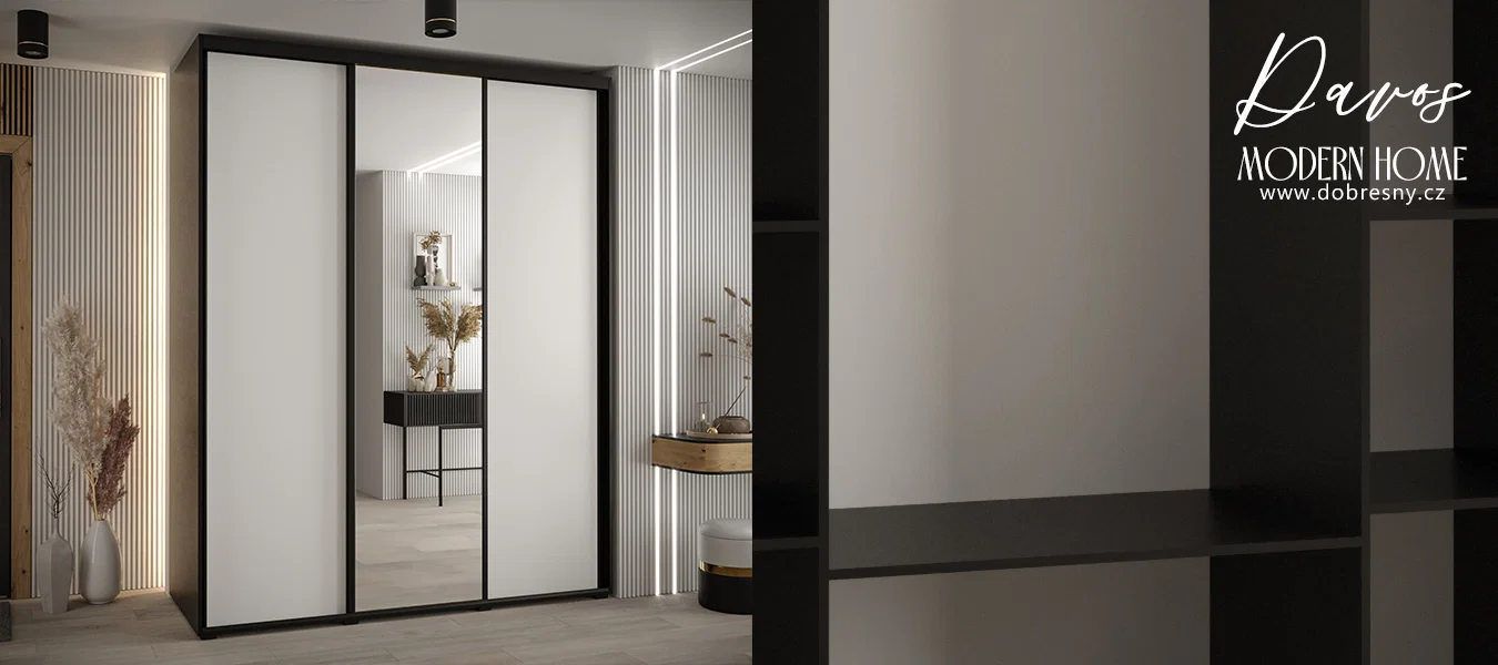 Šatní skříň s posuvnými dveřmi a zrcadlem DAVOS 190cm | Černá / bílá / černé pojezdy