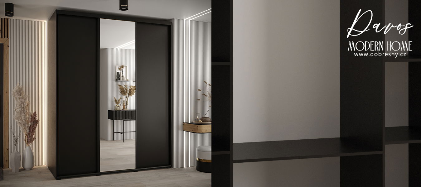 Šatníková skriňa s posuvnými dverami a zrkadlom DAVOS 190cm | Čierna / čierne pojazdy