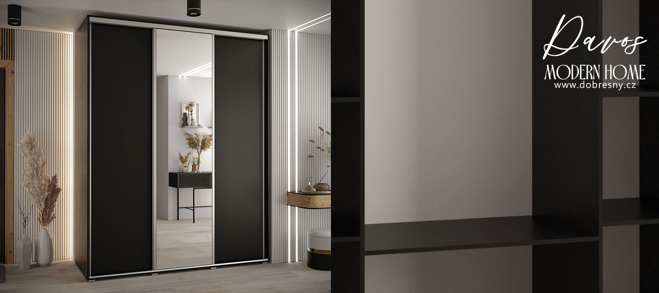 Šatníková skriňa s posuvnými dverami a zrkadlom DAVOS 190cm | Čierna / strieborné pojazdy