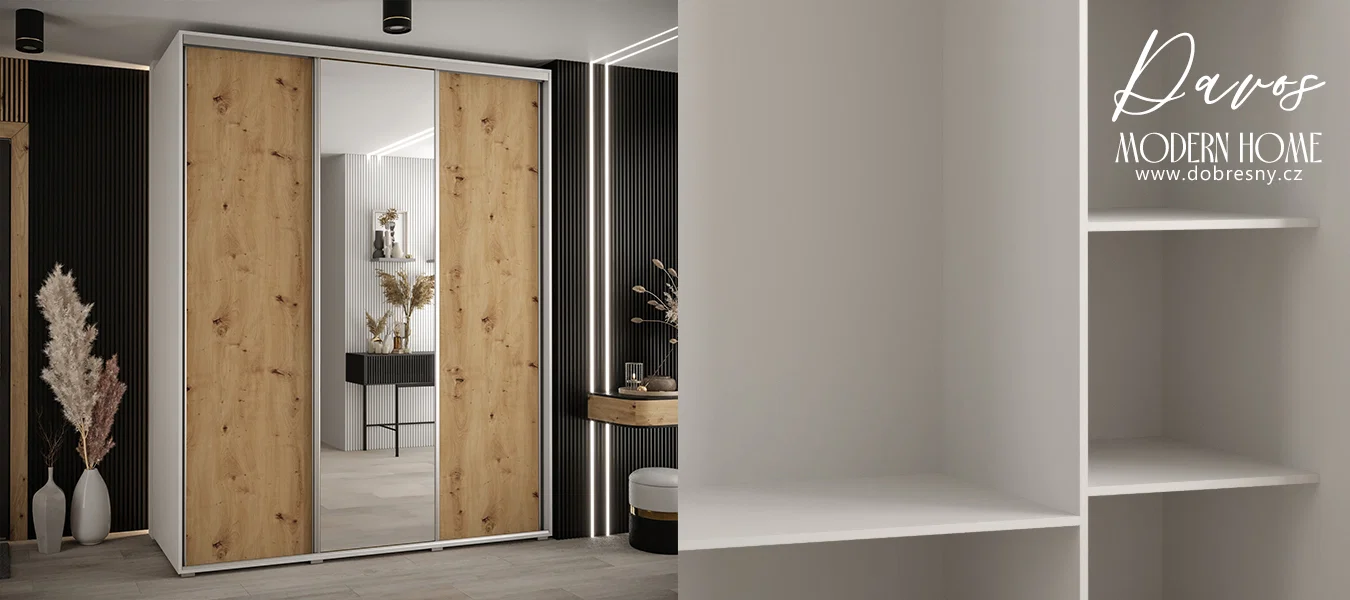 Šatní skříň s posuvnými dveřmi a zrcadlem DAVOS 190cm | Bílá / DUB Artisan / stříbrné