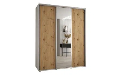 Šatní skříň s posuvnými dveřmi a zrcadlem DAVOS 190cm | Bílá / DUB Artisan / stříbrné