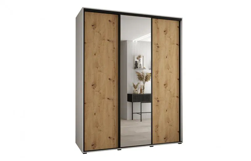 Šatní skříň s posuvnými dveřmi a zrcadlem DAVOS 190cm | Bílá / DUB Artisan / černé pojezdy