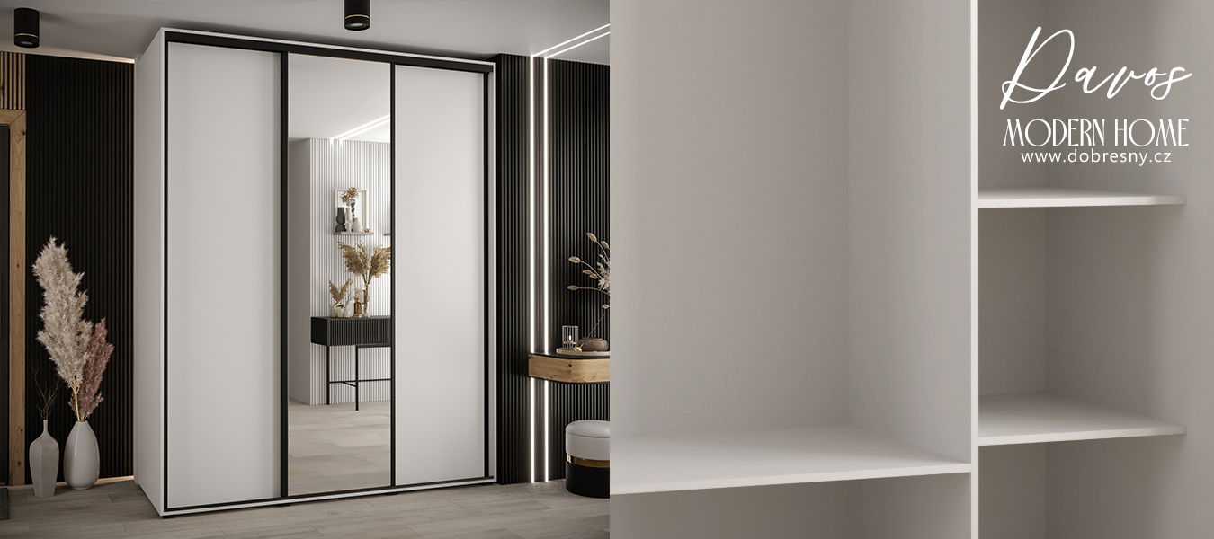 Šatníková skriňa s posuvnými dverami a zrkadlom DAVOS 190 cm | Biela / čierne pojazdy