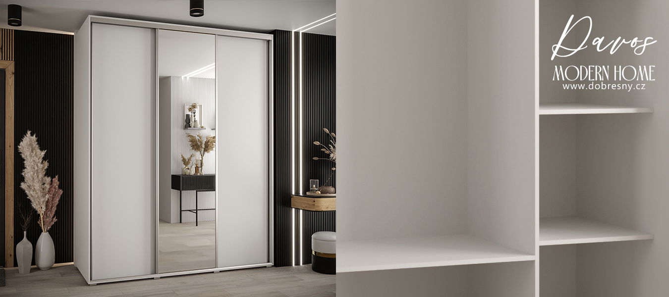 Šatníková skriňa s posuvnými dverami a zrkadlom DAVOS 190cm | Biela / strieborné pojazdy