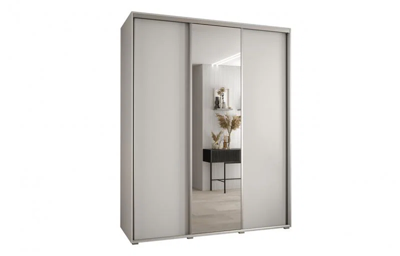 Šatní skříň s posuvnými dveřmi a zrcadlem DAVOS 190cm | Bílá / stříbrné pojezdy