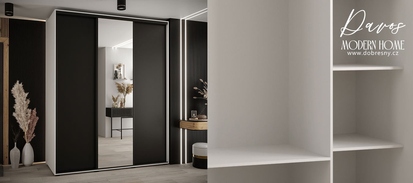 Šatníková skriňa s posuvnými dverami a zrkadlom DAVOS 190cm | Biela / čierna / čierne pojazdy