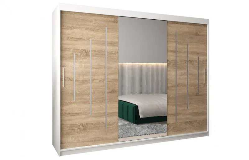 Šatní skříň s posuvnými dveřmi a dvoudílným zrcadlem YORK1 - 250x200cm -Bílá-Dub Sonoma-