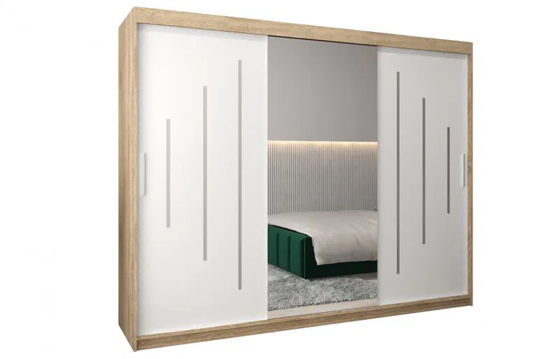 Šatní skříň s posuvnými dveřmi a dvoudílným zrcadlem YORK1 - 250x200cm -Dub Sonoma-Bílá-