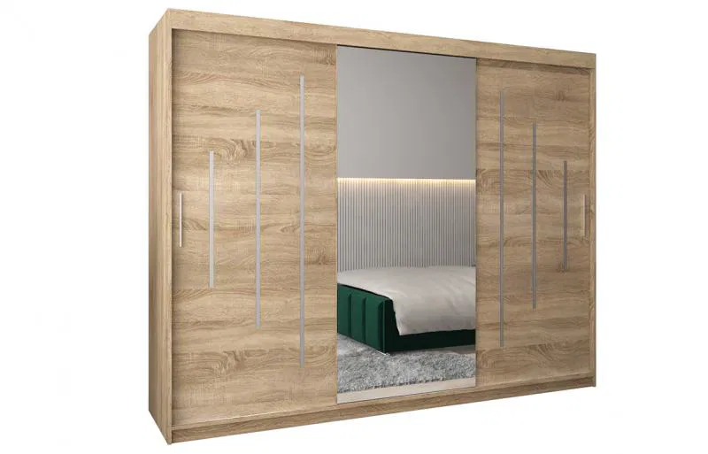 Šatní skříň s posuvnými dveřmi a dvoudílným zrcadlem YORK1 - 250x200cm -Dub Sonoma-
