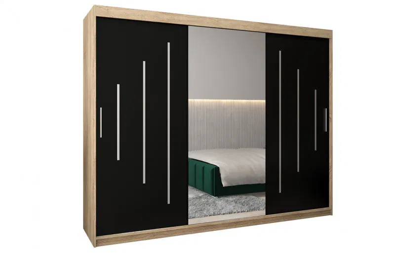 Šatní skříň s posuvnými dveřmi a dvoudílným zrcadlem YORK1 - 250x200cm -Dub Sonoma-Černá-
