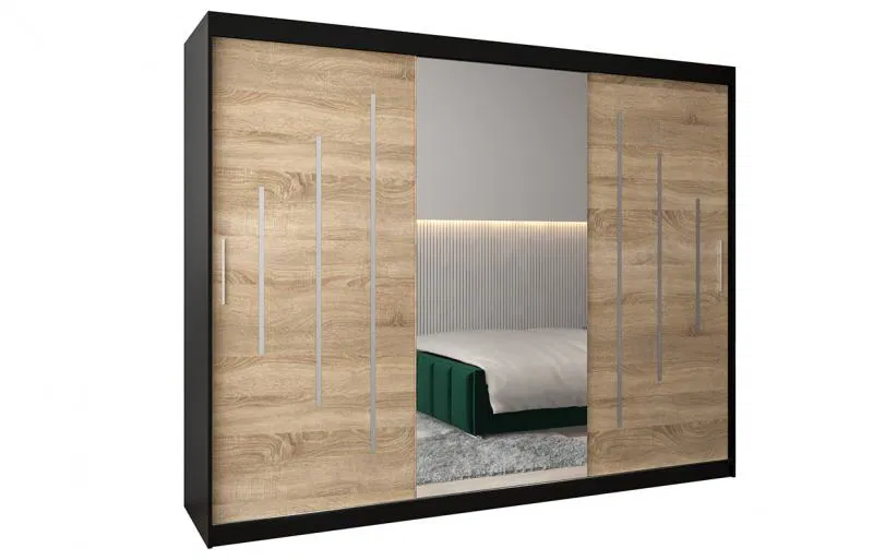 Šatní skříň s posuvnými dveřmi a dvoudílným zrcadlem YORK1 - 250x200cm -Černá-Dub Sonoma-