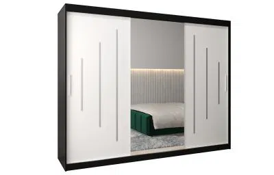 Šatní skříň s posuvnými dveřmi a dvoudílným zrcadlem YORK1 - 250x200cm -Černá-Bílá-