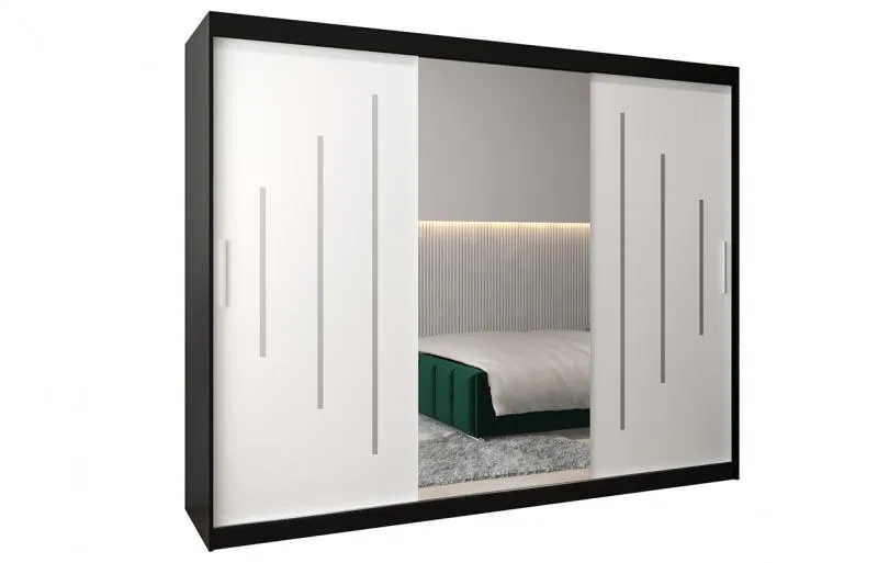 Šatní skříň s posuvnými dveřmi a dvoudílným zrcadlem YORK1 - 250x200cm -Černá-Bílá-