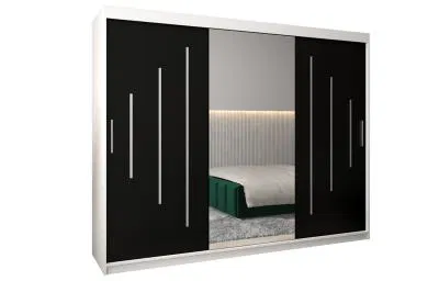 Šatní skříň s posuvnými dveřmi a dvoudílným zrcadlem YORK1 - 250x200cm -Bílá-Černá-