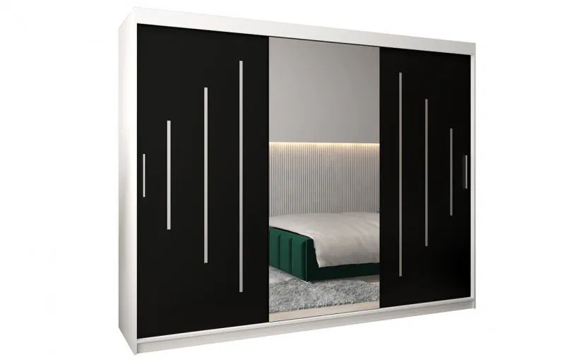 Šatní skříň s posuvnými dveřmi a dvoudílným zrcadlem YORK1 - 250x200cm -Bílá-Černá-