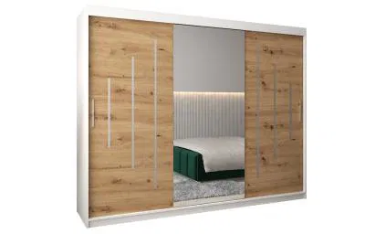 Šatní skříň s posuvnými dveřmi a dvoudílným zrcadlem YORK1 - 250x200cm -Bílá-Dub Artisan-