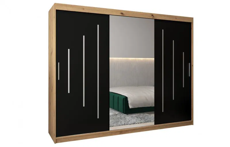 Šatní skříň s posuvnými dveřmi a dvoudílným zrcadlem YORK1 - 250x200cm -Dub Artisan-Černá-