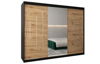 Šatní skříň s posuvnými dveřmi a dvoudílným zrcadlem YORK1 - 250x200cm -Černá-Dub Artisan-