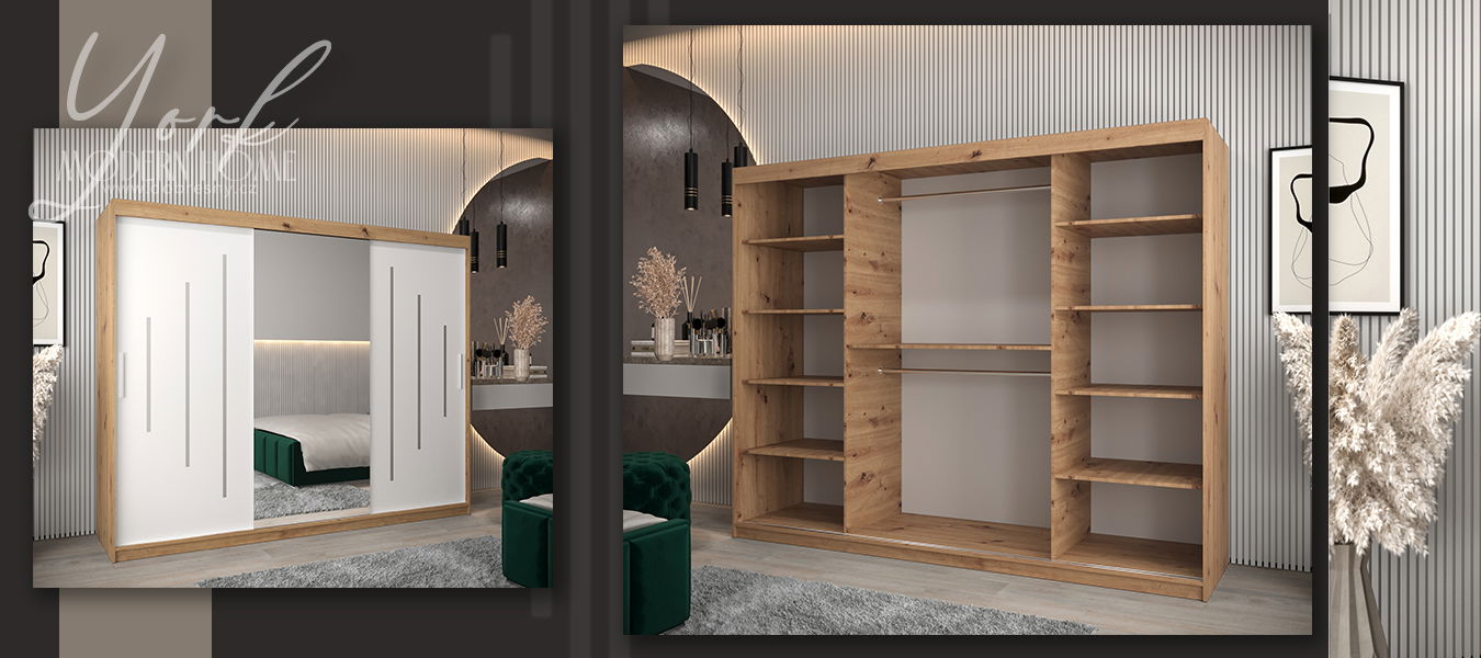 Šatníková skriňa s posuvnými dverami a zrkadlom YORK1 - 250x200cm Dub Artisan-Biela