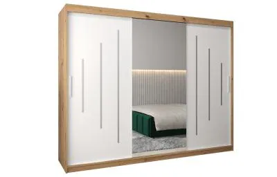 Šatní skříň s posuvnými dveřmi a dvoudílným zrcadlem YORK1 - 250x200cm -Dub Artisan-Bílá-