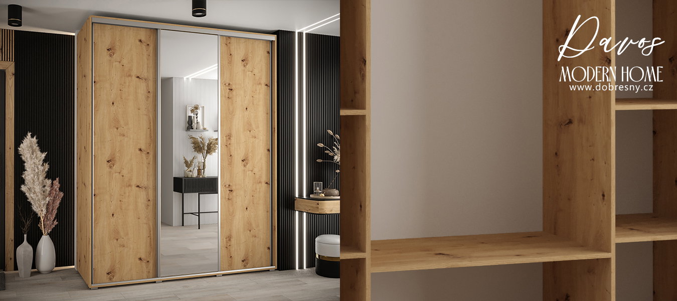 Šatní skříň s posuvnými dveřmi a zrkadlem DAVOS 200cm | DUB Artisan / stříbrné pojezdy
