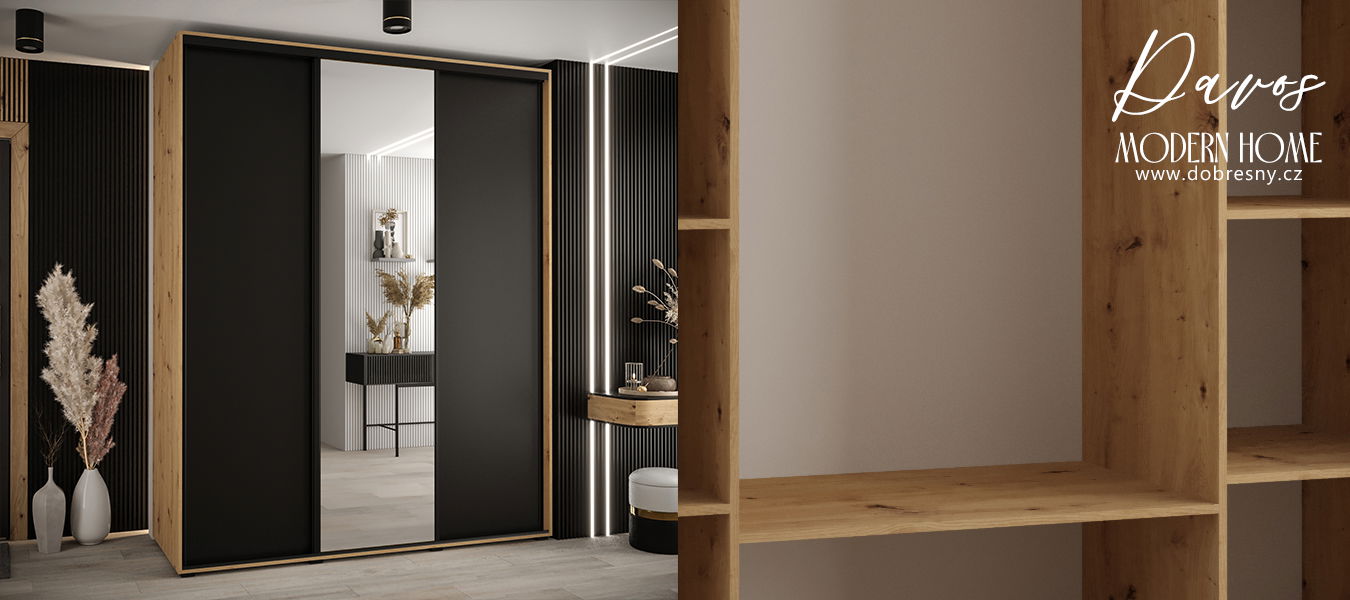 Šatníková skriňa s posuvnými dverami a zrkadlom DAVOS 200cm | DUB Artisan / čierna / čierne pojazd