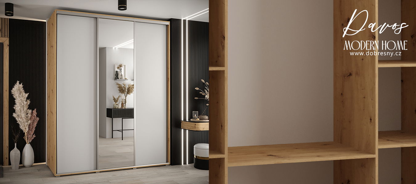 Šatníková skriňa s posuvnými dverami a zrkadlom DAVOS 200cm | DUB Artisan / biela / strieborné