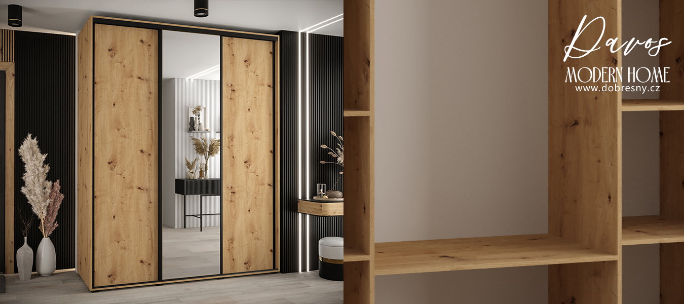 Šatníková skriňa s posuvnými dverami a zrkadlom DAVOS 200cm | DUB Artisan / čierne pojazdy