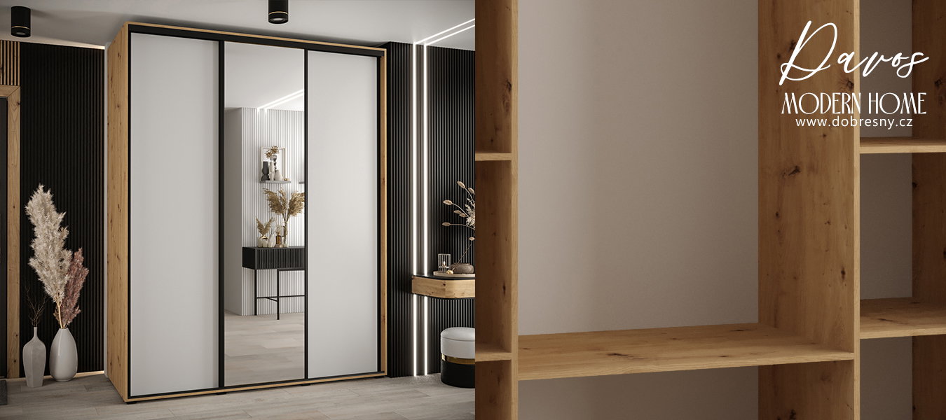 Šatníková skriňa s posuvnými dverami a zrkadlom DAVOS 200cm | DUB Artisan / biela / čierne pojazdy